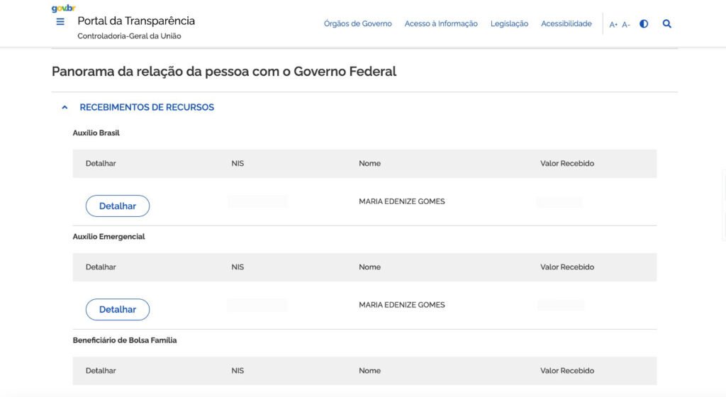 O nome de Maria Edenize Gomes aparece em cadastro oficial do governo federal de benefícios sociais; perfil destoa de sócia de estabelecimento com mais de uma centena de empregados (Imagem: Reprodução)