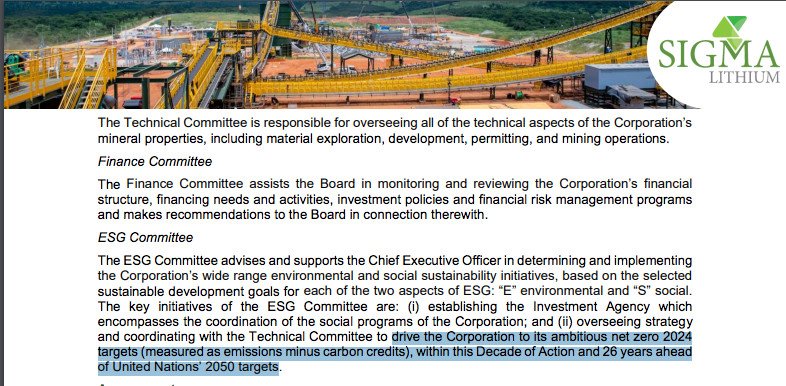 Relatório da Sigma exalta o fato de a mineradora ter alcançado operações "net zero" 26 anos antes do estabelecido no Acordo de Paris, que defende a neutralidade climática global em 2050 (Foto: Reprodução/Sigma Lithium)