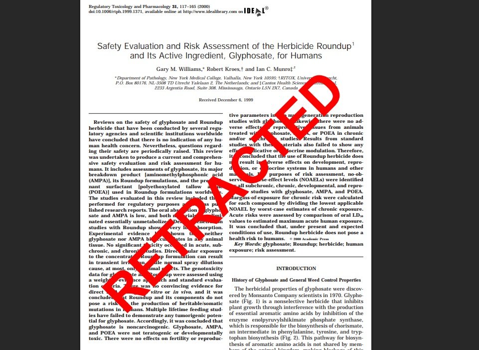 Artigo publicado no ano 2000 e que era usado para sustentar a segurança do glifosato agora aparece com a mensagem