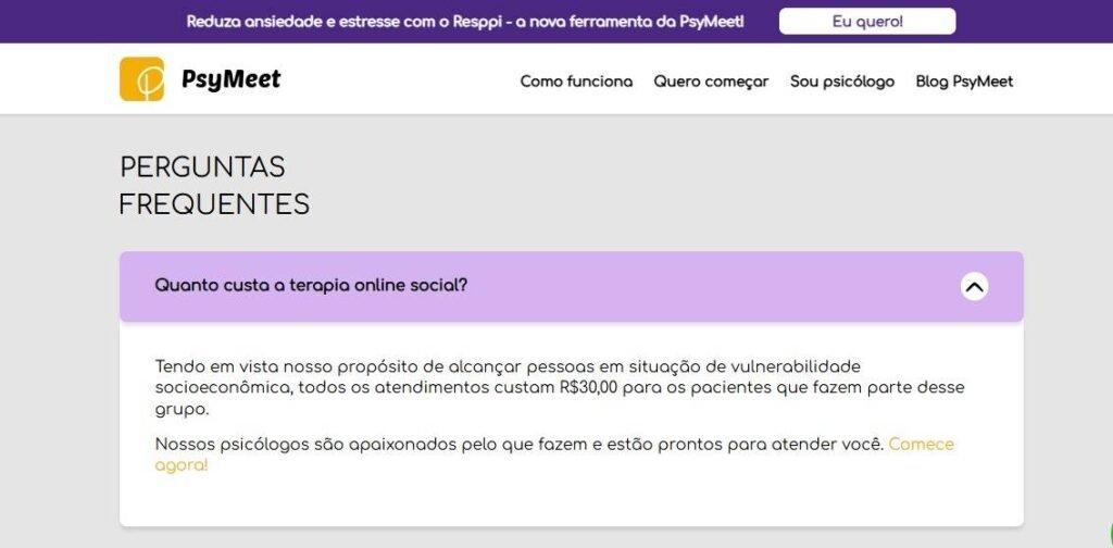 Plataforma PsyMeet fixa valor por sessão em R$ 30 para pacientes “em situação de vulnerabilidade socioeconômica” (Imagem: Reprodução/PsyMeet)
