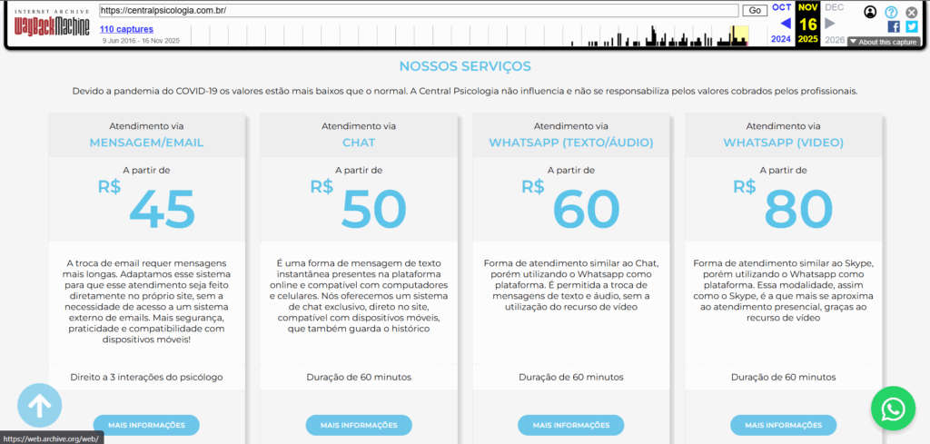 Antes do contato da reportagem, a página da Central Psicologia anunciava valores para diferentes tipos de atendimento (Imagem: Reprodução/Central Psicologia/ WayBack Machine)