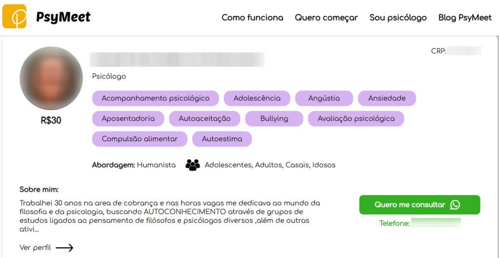 Terapeutas definem suas especialidades de atendimento com base nos sintomas; prática pode ser considerada irregular pelo CFP (Imagem: Reprodução/PsyMeet)