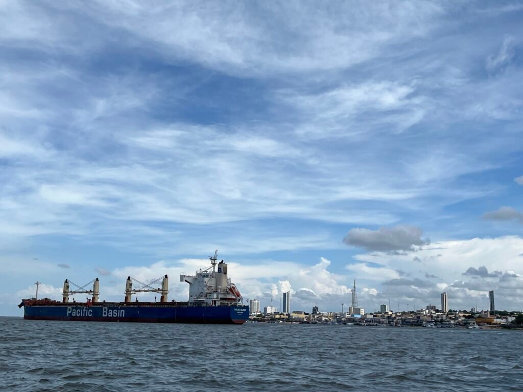 Navio transporta pelo rio Tapajós, no Pará, carga de grãos produzidos no Centro-Oeste do país (Foto: Carlos Juliano Barros / Repórter Brasil)
