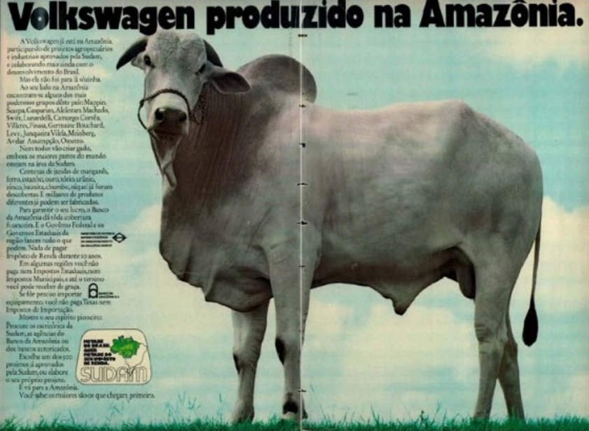 Anúncio pago pela Sudam na revista Veja em 1971. Três anos antes de a Fazenda Volkswagen de fato existir, o govero militar usava a marca da empresa para atrair investidores à Amazônia (Foto: Reprodução/Revista Veja)