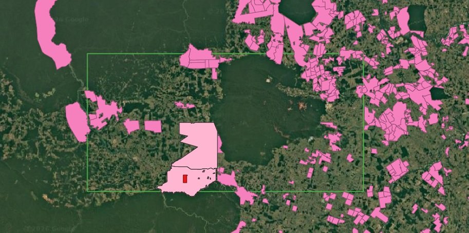 Imagem mostra localização do PA Tucumã (em rosa claro) e a localização do processo minerário da Ero Brasil (em vermelho), no município de Tucumã (Imagem: Isabel Harari/Repórter Brasil)