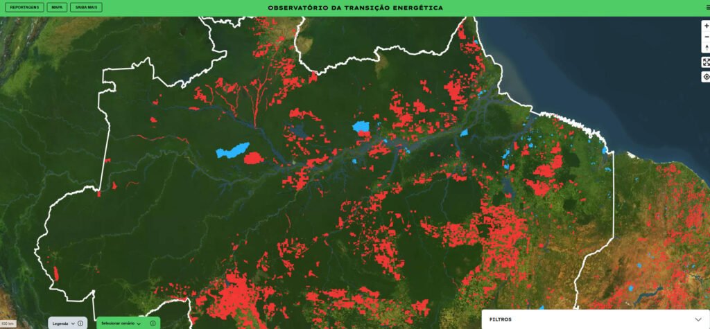 Observatório mostra terras quilombolas na Amazônia (em azul) e áreas de exploração dos minerais críticos (em vermelho) (Crédito: Reprodução/Observatório da Transição Energética)
