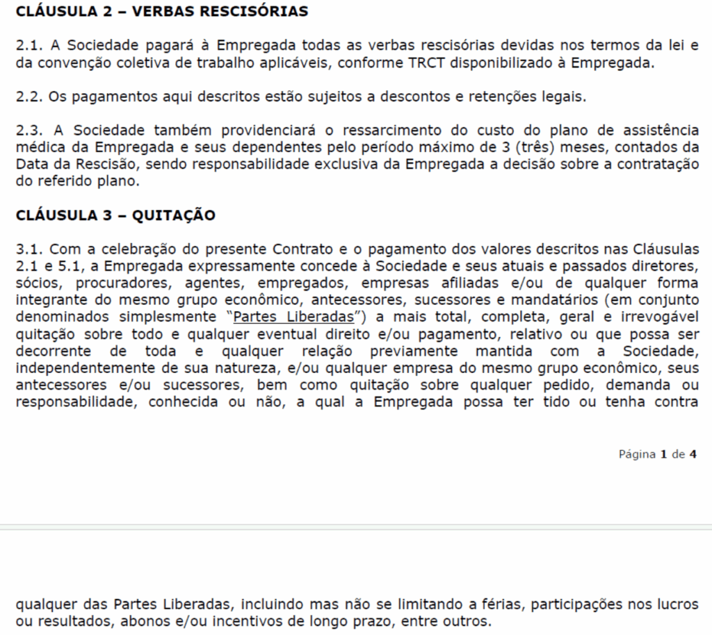 Trecho do termo de rescisão apresentado a empregados demitidos pelo Mercado Livre (Imagem: Reprodução)
