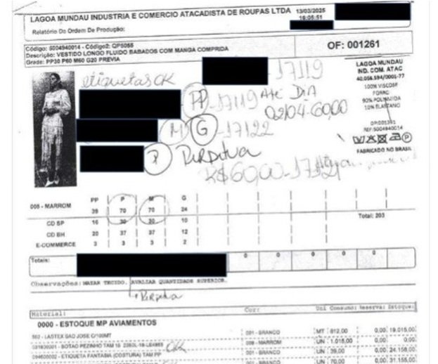 Ficha técnica e remessa de pedidos encontradas nas oficinas de costura pelos auditores (Fotos: Ministério do Trabalho e Emprego)