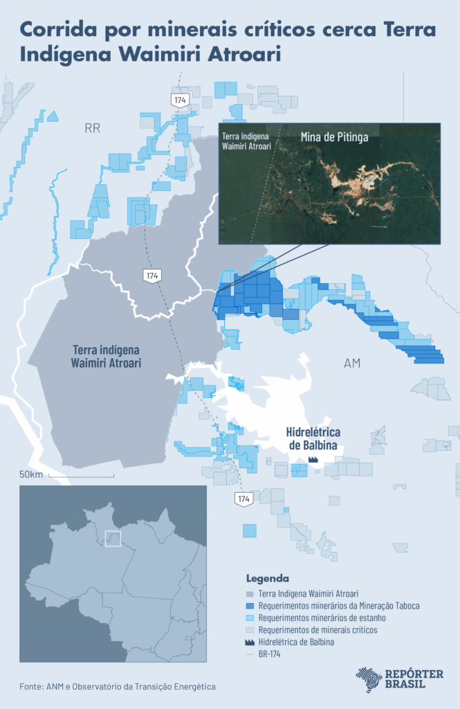 Terra Indígena Waimiri Atroari está cercada por requerimentos de minerais críticos, como mostram dados da Agência Nacional de Mineração cruzados pelo Observatório da Transição Energética (Infografia: Rodrigo Bento/Repórter Brasil)
